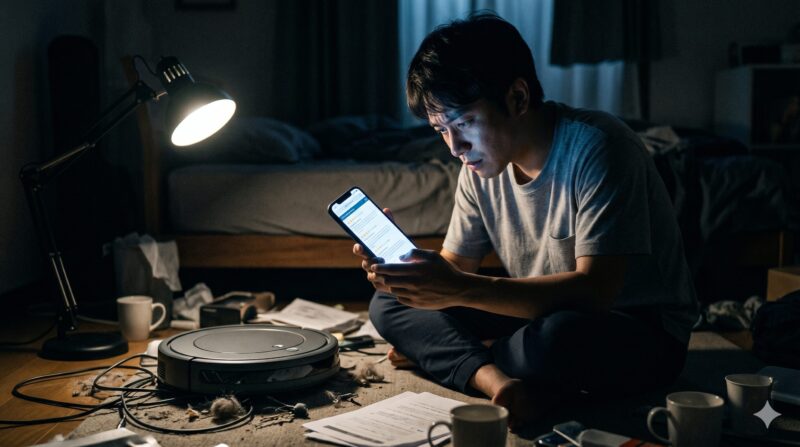 夜、散らかった部屋の床で、スマホで情報を調べながら座る男性と、隣にあるロボット掃除機。