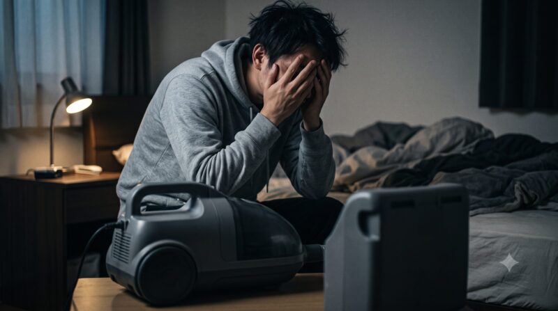 薄暗い寝室で布団クリーナーを前に、後悔して頭を抱える男性の様子。