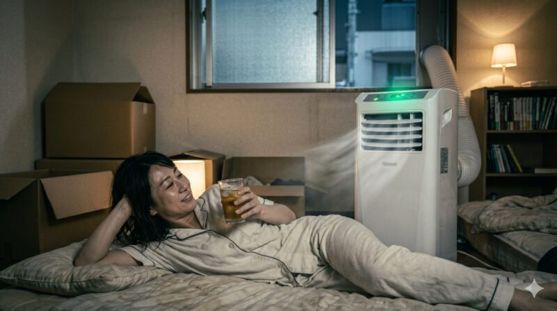 引っ越し後の夜、冷たい飲み物とポータブルエアコンでリラックスする笑顔の女性
