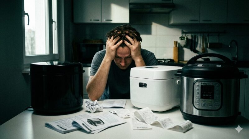 最新のオートクッカービストロと型落ち電気圧力鍋の価格差に驚き、レシートを前に頭を抱えて後悔する男性