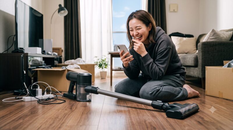 散らかったリビングの床で、コードレススティック掃除機を横にスマートフォンを見て大笑いする女性。