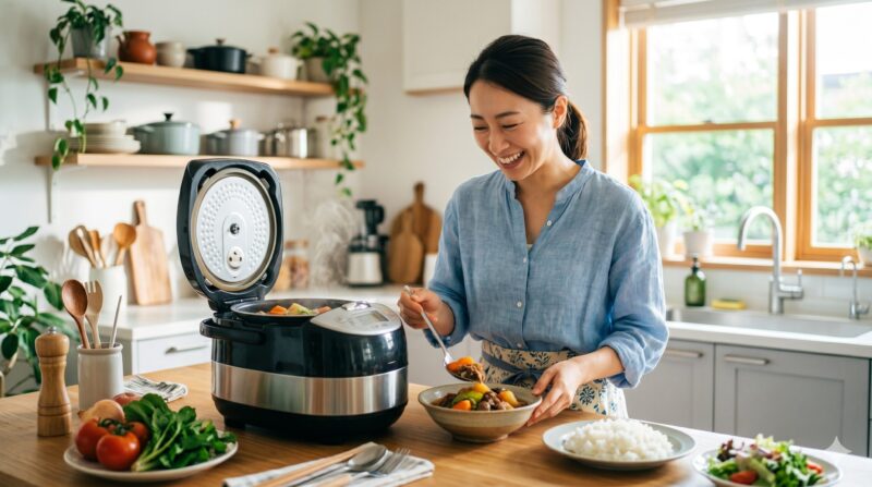明るいキッチンで、笑顔でマルチクッカーから健康的で美味しそうな家庭料理を盛り付ける日本人女性
