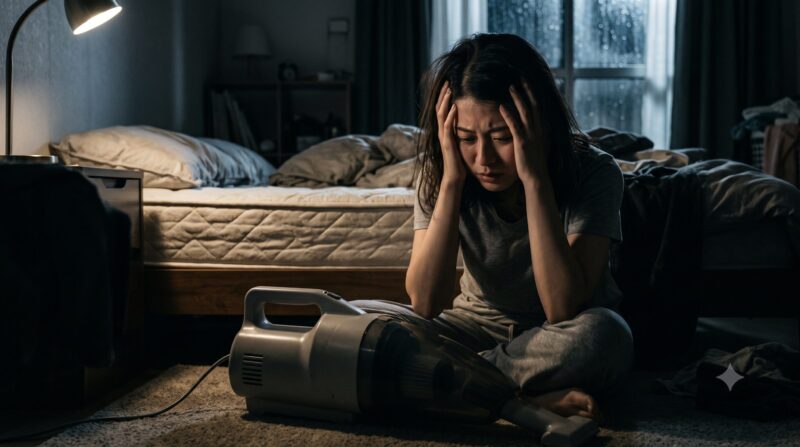 薄暗い寝室の床で布団クリーナーを前に頭を抱えてひどく後悔している女性。