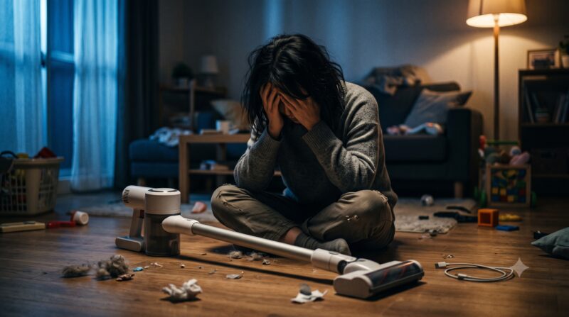 散らかった部屋でコードレス掃除機を前に頭を抱えて悩んでいる女性の様子。
