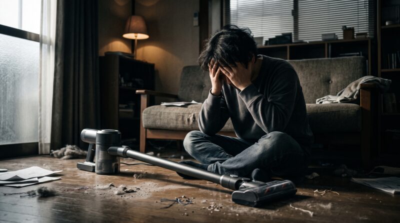 コードレス掃除機選びを後悔し、散らかった部屋で絶望する男性の姿