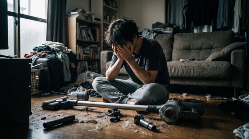 散らかった部屋でコードレス掃除機を前に絶望する日本人男性