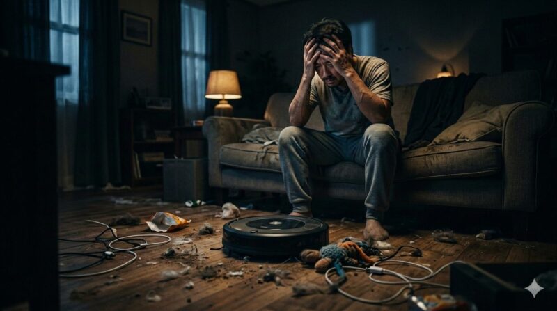 散らかった部屋でロボット掃除機を前に頭を抱えて悩む男性の様子