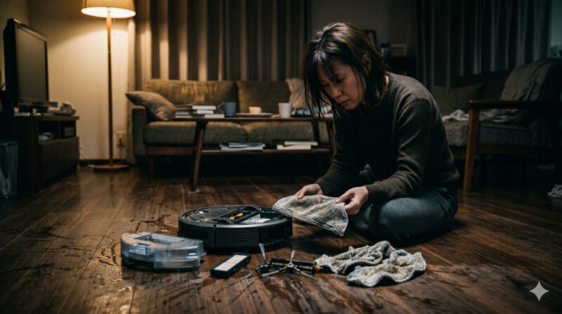 分解したロボット掃除機と汚れたモップの手入れに悩み後悔する女性