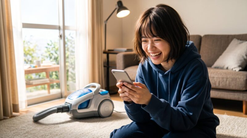 掃除機が置かれた明るいリビングルームで、スマートフォンを見ながら楽しそうに大笑いする青いフーディーの女性。