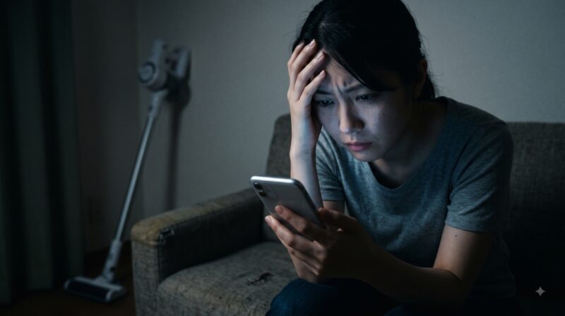 掃除機の口コミ・評判をスマホで確認し、深刻な表情で悩む女性。