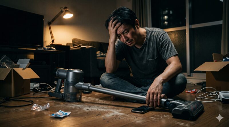 夜、散らかった部屋でコードレス掃除機を前に頭を抱えて絶望する男性。吸い残したゴミが床に散乱している。