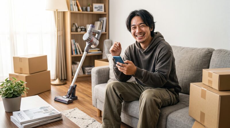 引っ越しと掃除が終わり、リビングでスマホを手にガッツポーズをして喜ぶ笑顔の日本人男性