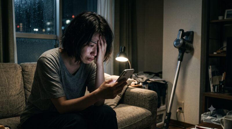コードレス掃除機の口コミや評判をスマホで調べて後悔し、涙を流して頭を抱える女性の様子。