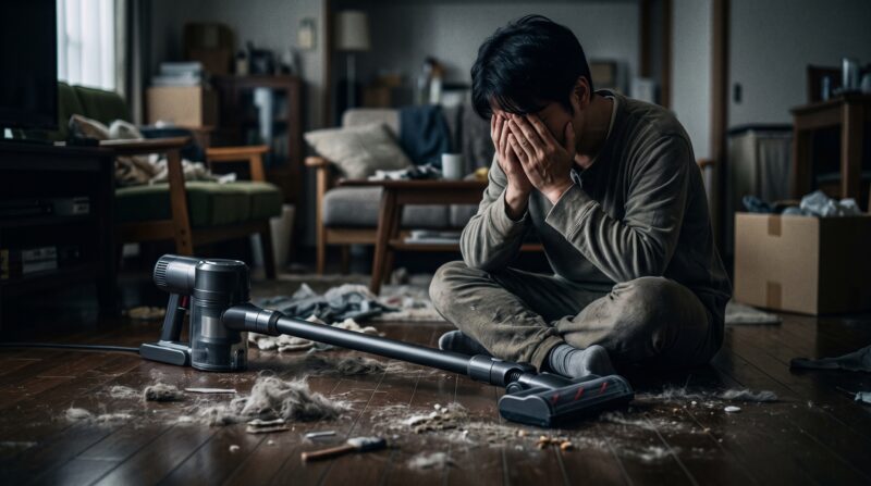 Dyson「V10 Optic（SV55 FF PL）」のコードレス掃除機の前で絶望し頭を抱える男性の様子