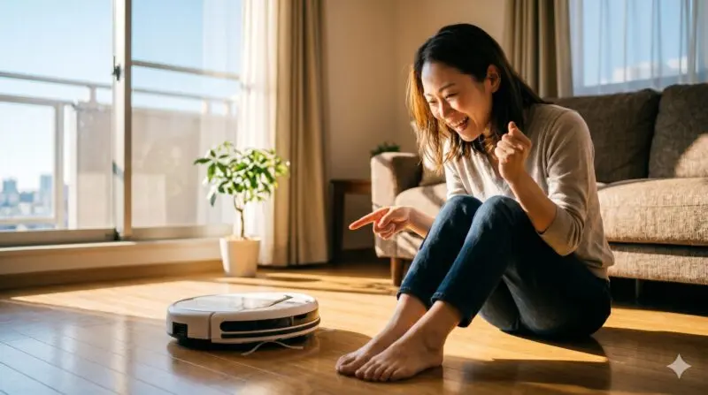 日当たりの良いリビングで、ロボット掃除機の掃除に満足してガッツポーズをする日本人女性