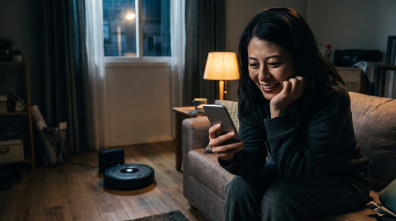 夜のリビングでブラーバ 380jを背景に、スマートフォンを手に笑顔を見せる女性