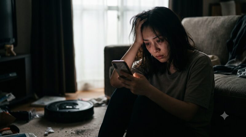 散らかったリビングで、スマートフォンを手にロボット掃除機の悪い口コミを見て後悔する女性の姿