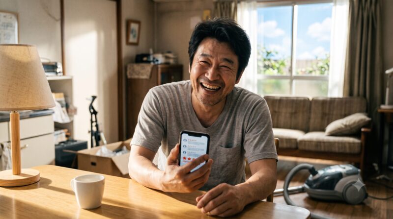 掃除機のある明るいリビングルームで、スマートフォンに表示された星評価のレビューを見て笑う日本人男性。