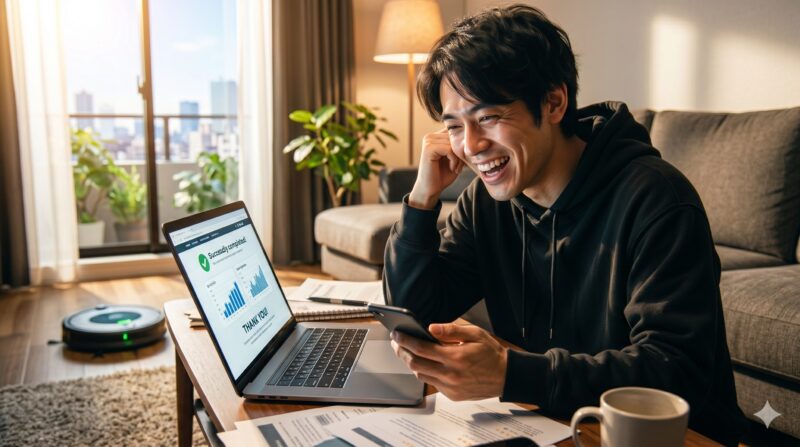 明るい部屋でノートパソコンとスマホを使ってロボット掃除機の良い口コミや評判を見つけ、満面の笑みで喜ぶ男性の様子。