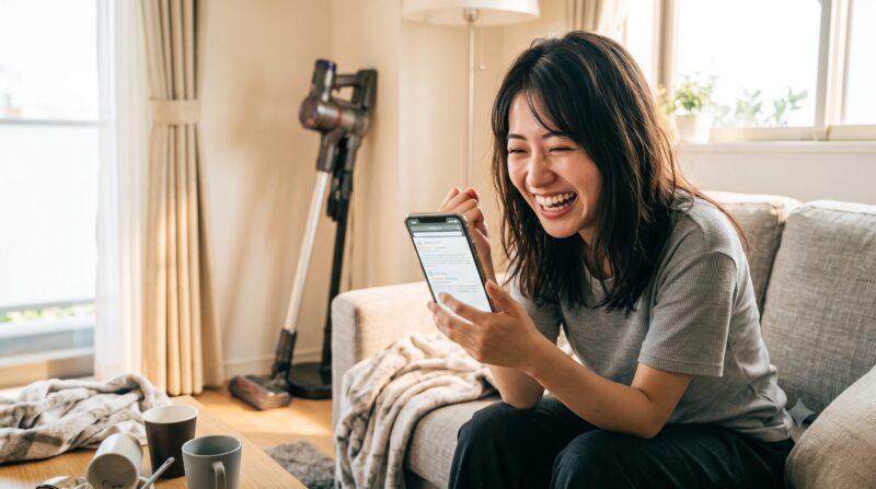 明るいアパートのリビングで、ソファに座りスマホを見ながら満面の笑みを浮かべる日本人女性。