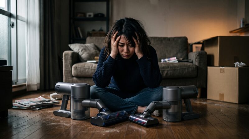 薄暗い部屋で2台のコードレス掃除機を前にどちらを買うべきか頭を抱えて悩む女性。
