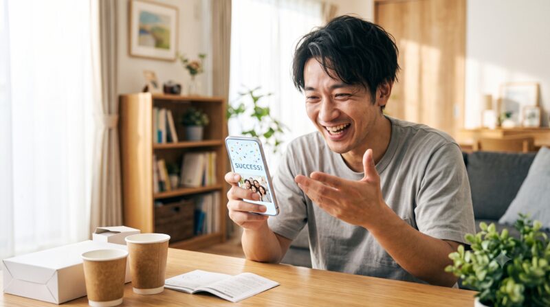 スマートフォンの「SUCCESS!」という画面を見せながら、リビングで満面の笑みを浮かべる男性