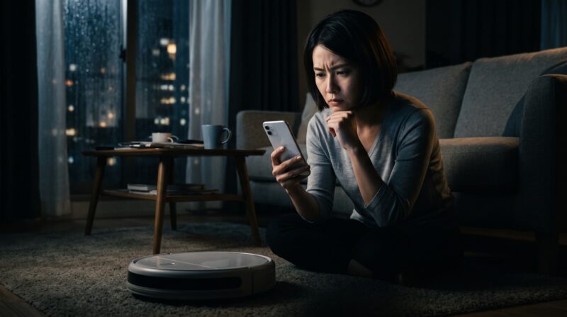 スマートフォンを片手に、ロボット掃除機の評判を見て深刻に悩む日本人女性