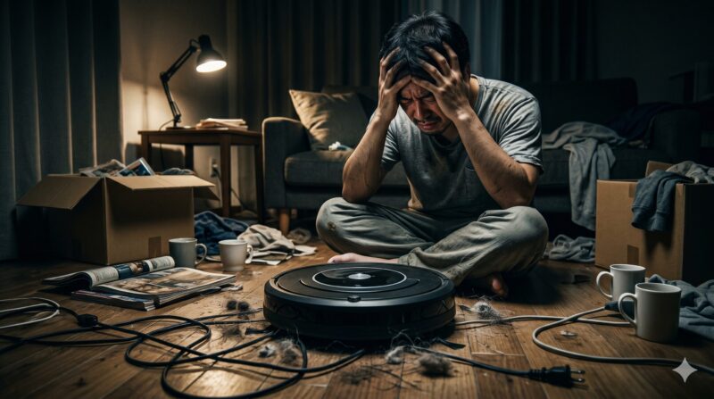 散らかった部屋でゴミとコードに囲まれ、頭を抱えて絶望する男性とロボット掃除機