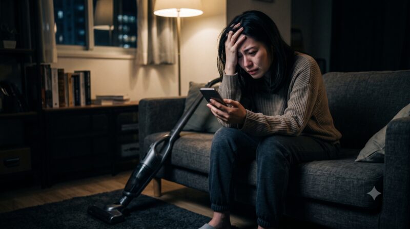 コードレス掃除機の口コミをスマートフォンで見て、後悔して落ち込む女性の様子
