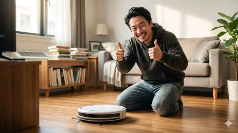 ロボット掃除機に満足していいねポーズをする日本人男性とリビングルーム。