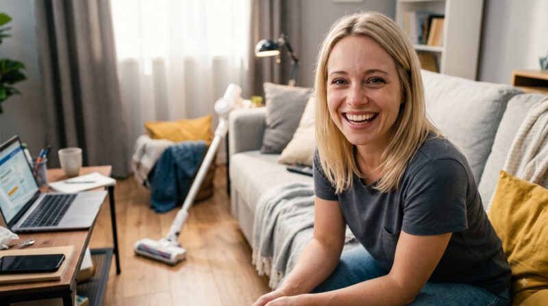コードレス掃除機がある明るいリビングルームで満面の笑みを浮かべる女性