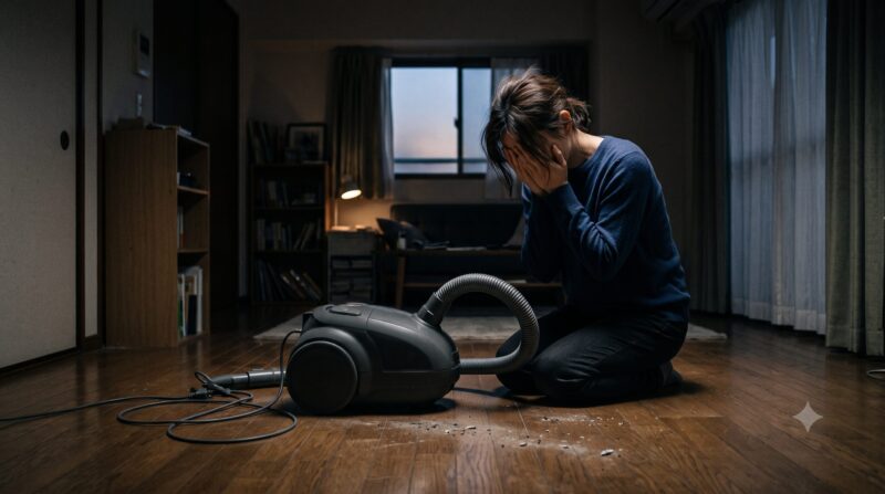 掃除機の悪い口コミやデメリットを知って後悔し、薄暗い部屋で顔を覆って絶望している女性。