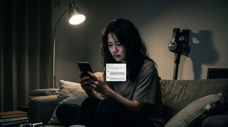 暗い部屋でコードレス掃除機の口コミをスマホでチェックし、その評判の悪さに絶望している悲痛な表情の日本人女性。
