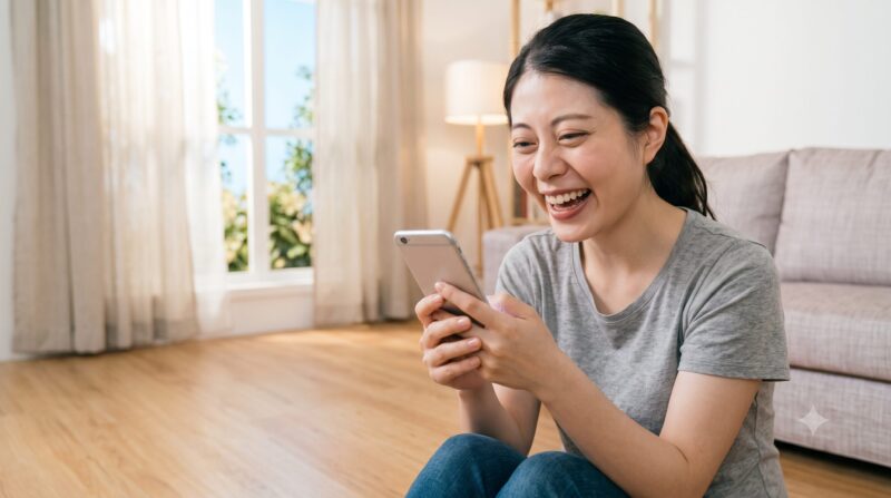明るいリビングルームでスマートフォンを操作しながら満面の笑みを浮かべる日本人女性。