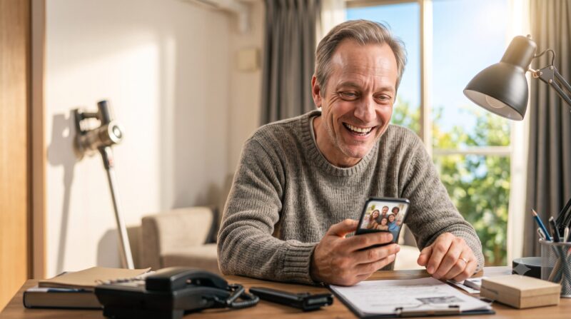 デスクでスマートフォンに映る家族写真を見て満面の笑みを浮かべる男性。背景にスティック掃除機と窓。