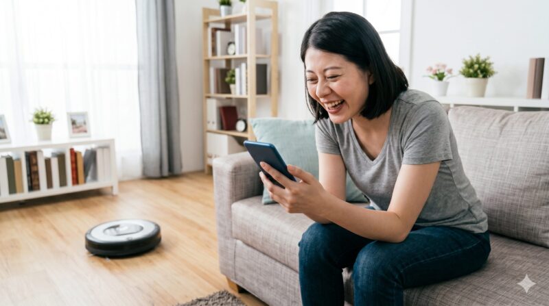 リビングでソファに座り、スマートフォンを見て満面の笑みを浮かべる女性と、床のロボット掃除機。