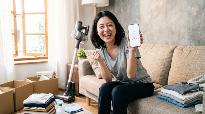 掃除が完了し、スマートフォンで「TASK COMPLETE!」の画面を見せて笑顔でガッツポーズする女性。