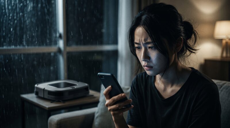 窓拭きロボット掃除機W2S PRO OMNIの口コミ・評判をスマホで調べて不安になる女性の画像