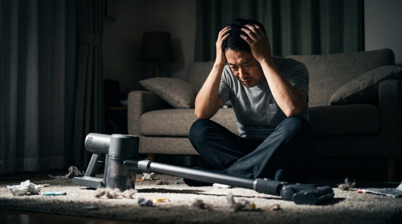 散らかった部屋でコードレス掃除機を前に頭を抱えて悩む男性。