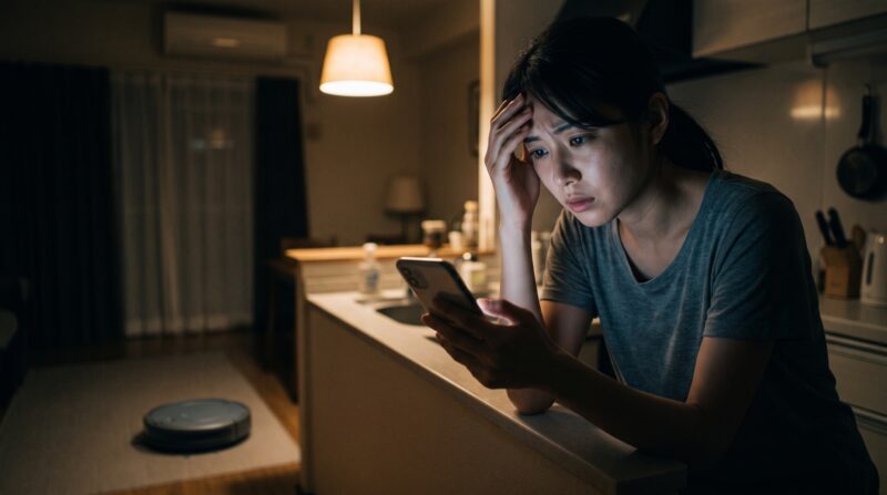 深夜のキッチンでSaros 10Rの口コミをスマホで見て不安になる女性