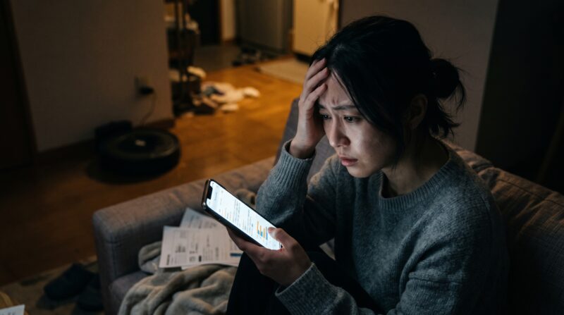 ロボット掃除機の選び方に迷い、スマホの口コミを見て深刻な表情で悩む日本人女性と、遠くに見える一般的なデザインのロボット掃除機。