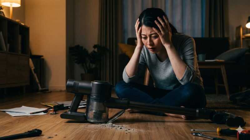 コードレス掃除機が故障し、リビングの床で頭を抱えて座り込む女性。掃除の失敗に絶望する悲壮なシチュエーション。