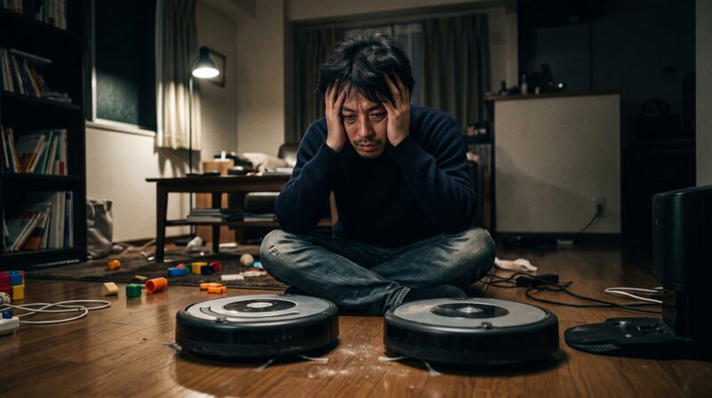 Anker Eufy Omni S2とOmni S1 Proを前に絶望し、床に座り込む日本人男性のシリアスな姿