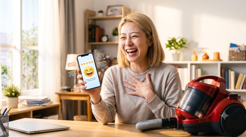 掃除機の5つ星評価と笑顔の絵文字を見て、スマートフォンを手に満面の笑みで喜ぶ女性。