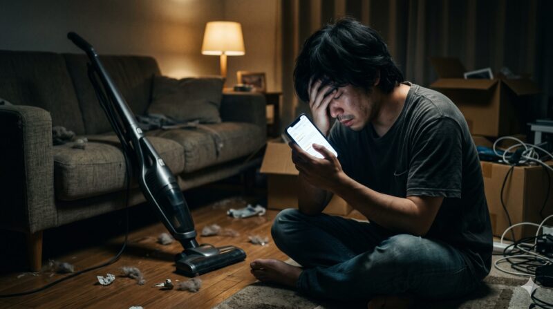 散乱した部屋で、スマホに表示された掃除機の口コミを見て絶望し、頭を抱えて悩む日本人男性。