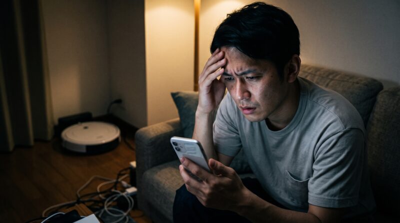 Qrevo Curv 2 Proの口コミや評判をスマホで検索して不安になっている男性の様子。