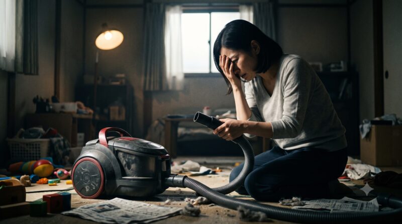 散らかった和室で、故障したキャニスター掃除機のホースを持って頭を抱えて悩む日本人女性。