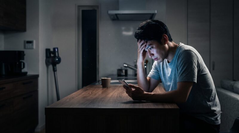 薄暗いキッチンでコードレス掃除機の悪い口コミをスマホで調べて絶望し頭を抱えて悩む男性