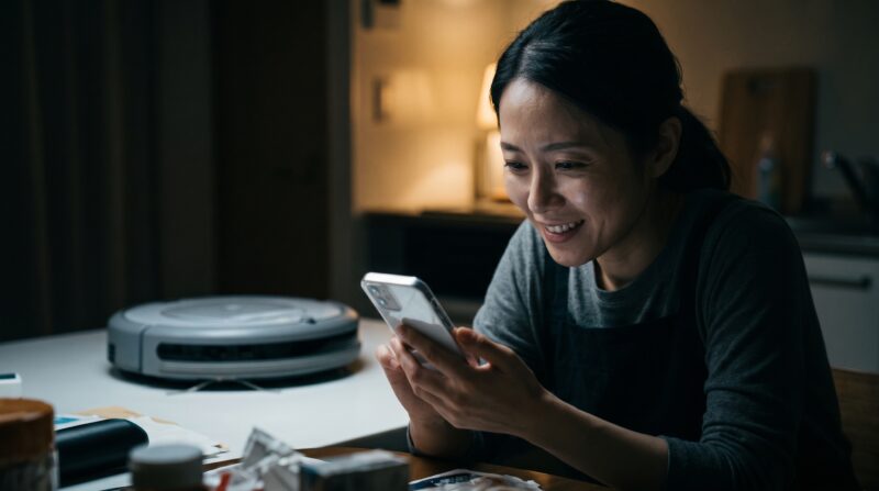 同じキッチンで、ロボット掃除機を背景にスマートフォンを笑顔で操作する女性