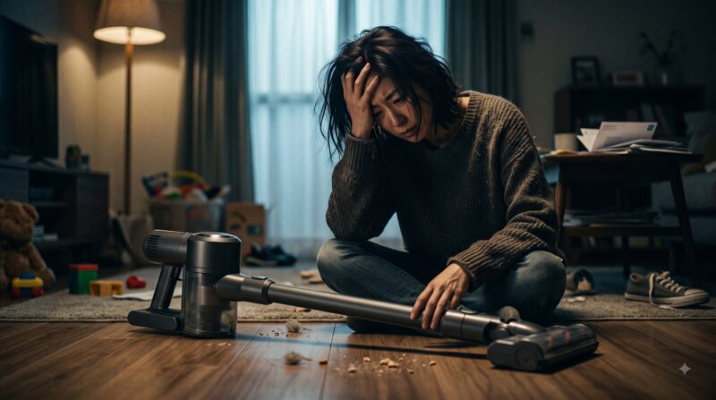 掃除機のデメリットや購入後の失敗に悩み、部屋の床に座り込んで頭を抱える女性。